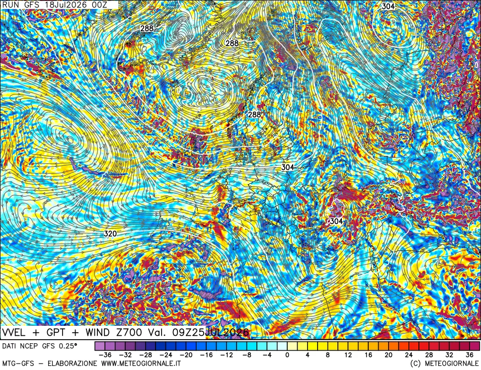 mappa 700 hPa Velocità verticiali + GPT + Vento