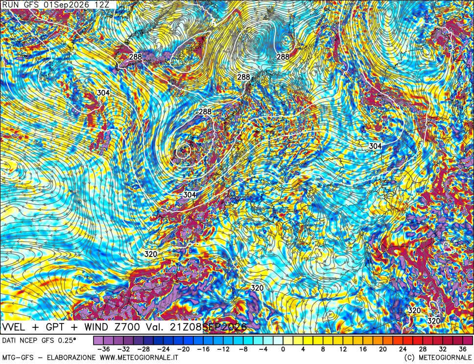 mappa 700 hPa Velocità verticiali + GPT + Vento