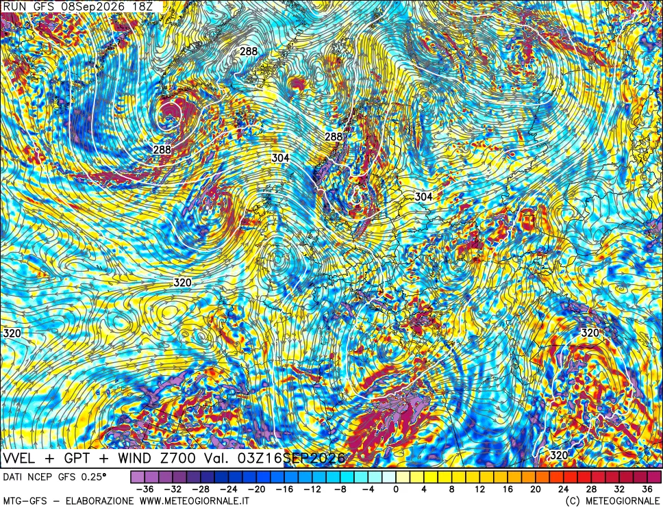 mappa 700 hPa Velocità verticiali + GPT + Vento