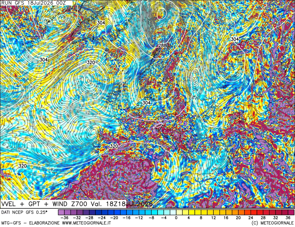 mappa 700 hPa Velocità verticiali + GPT + Vento