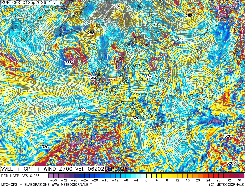mappa 700 hPa Velocità verticiali + GPT + Vento