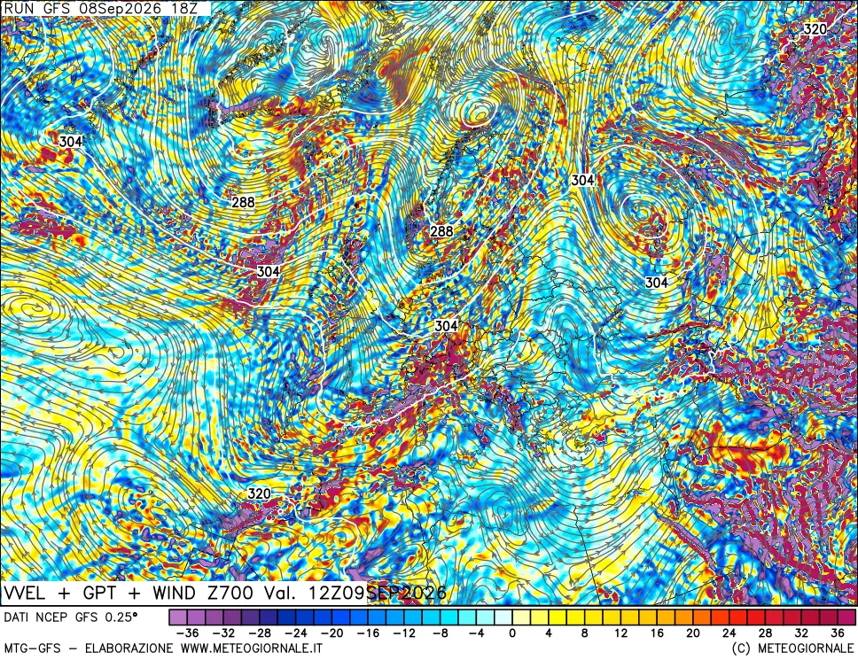 mappa 700 hPa Velocità verticiali + GPT + Vento