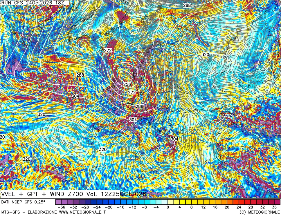 mappa 700 hPa Velocità verticiali + GPT + Vento