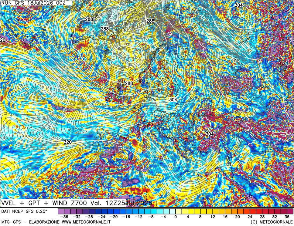 mappa 700 hPa Velocità verticiali + GPT + Vento