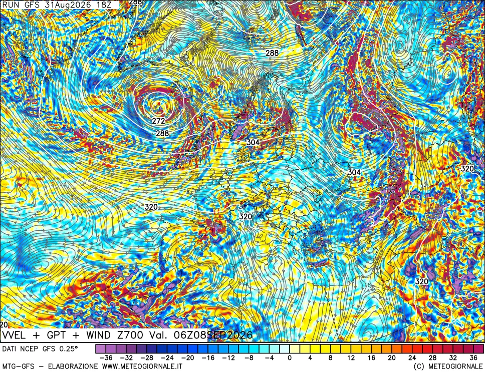 mappa 700 hPa Velocità verticiali + GPT + Vento