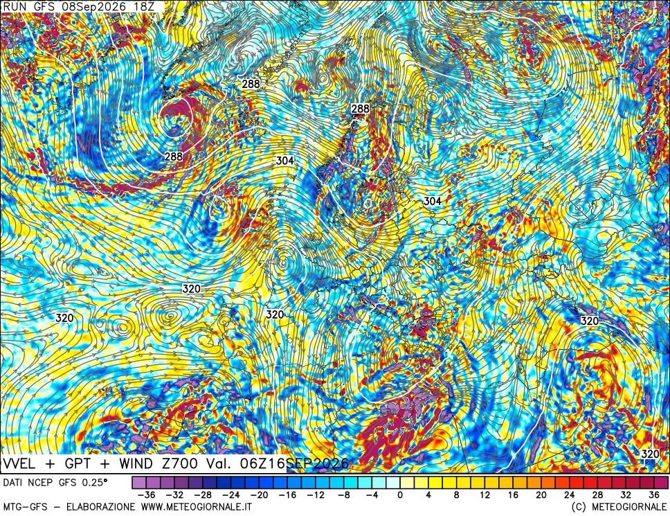 mappa 700 hPa Velocità verticiali + GPT + Vento