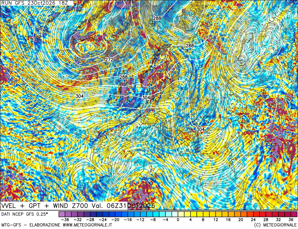mappa 700 hPa Velocità verticiali + GPT + Vento