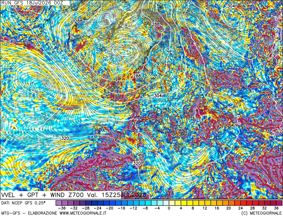 mappa 700 hPa Velocità verticiali + GPT + Vento