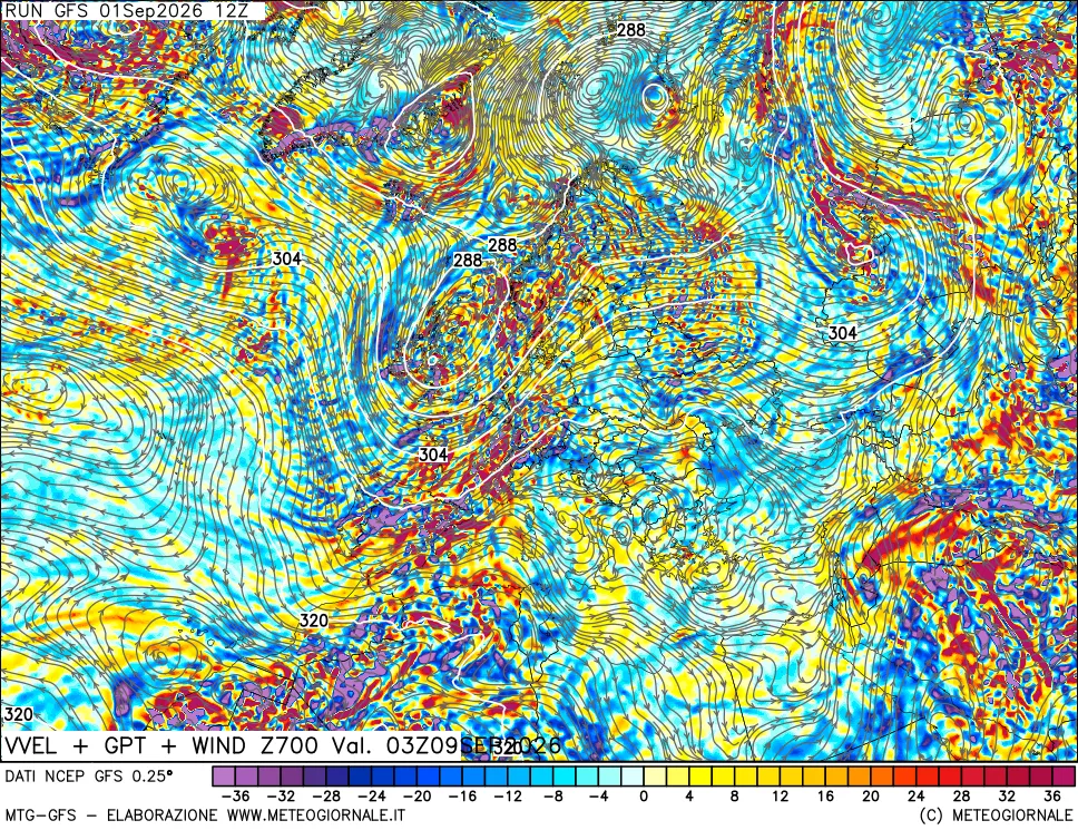 mappa 700 hPa Velocità verticiali + GPT + Vento