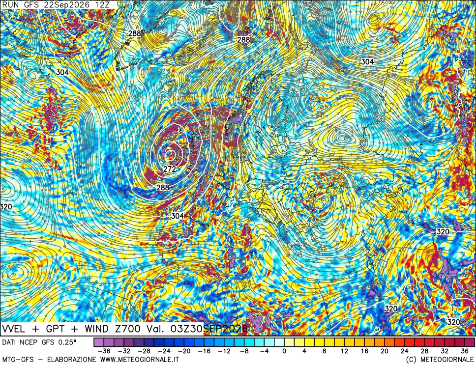 mappa 700 hPa Velocità verticiali + GPT + Vento