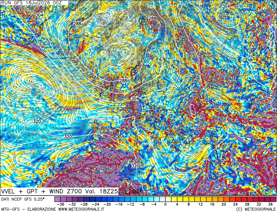 mappa 700 hPa Velocità verticiali + GPT + Vento