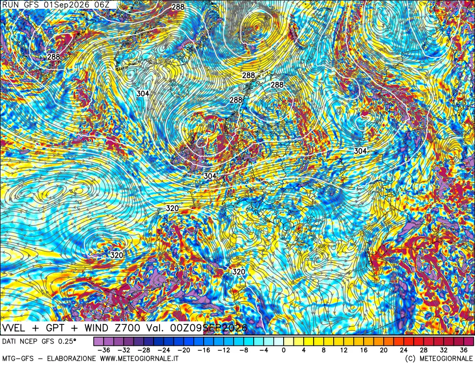 mappa 700 hPa Velocità verticiali + GPT + Vento