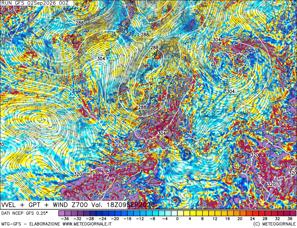 mappa 700 hPa Velocità verticiali + GPT + Vento