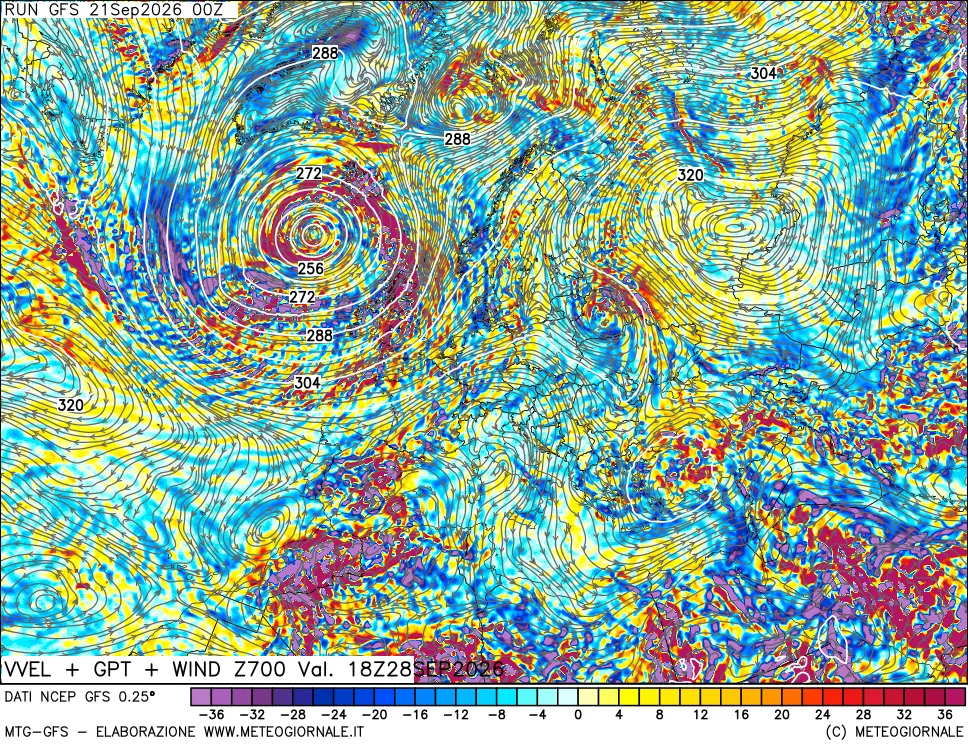mappa 700 hPa Velocità verticiali + GPT + Vento