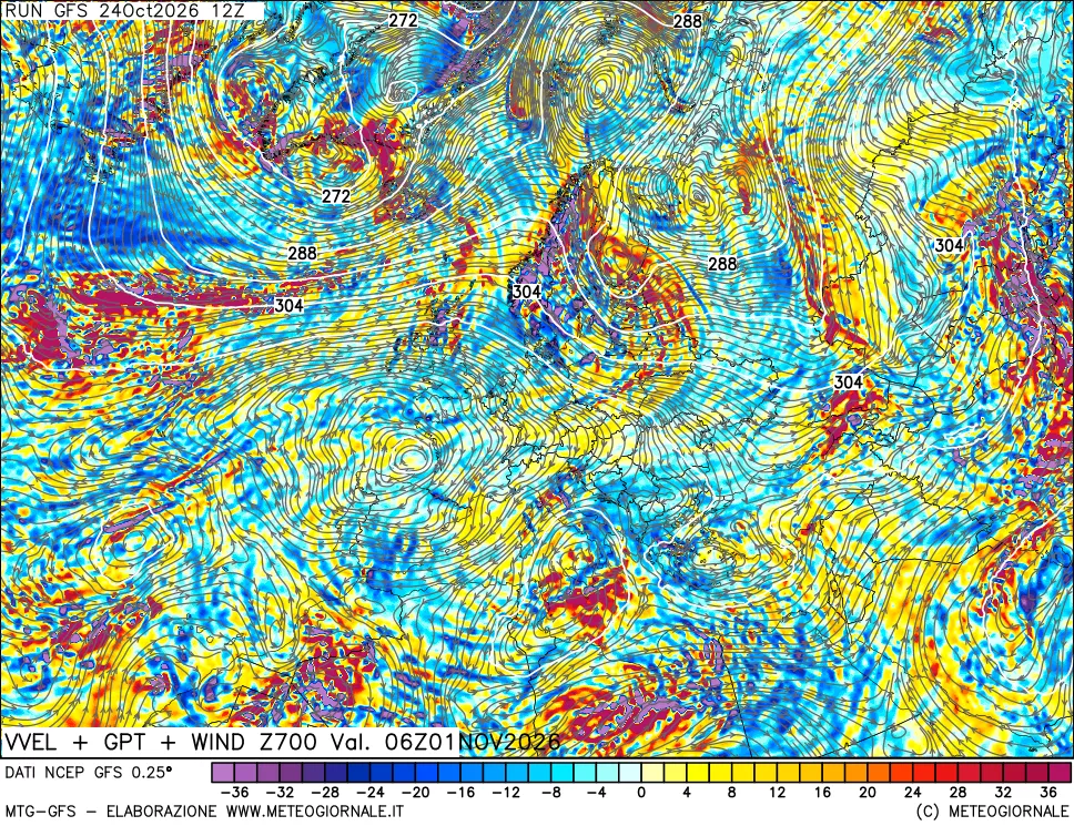 mappa 700 hPa Velocità verticiali + GPT + Vento