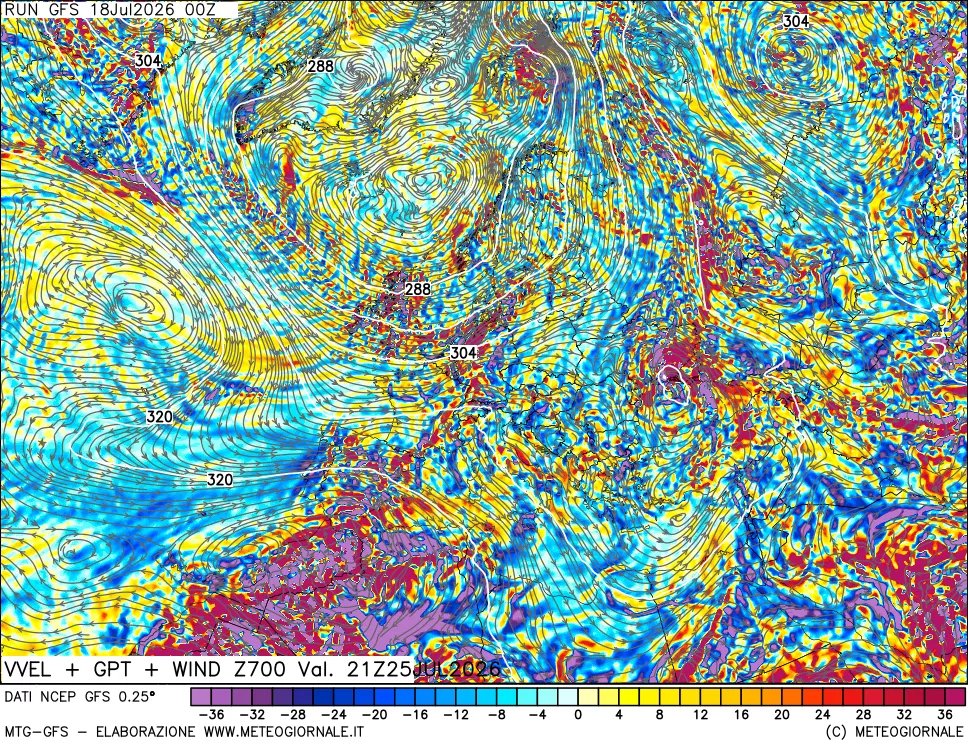 mappa 700 hPa Velocità verticiali + GPT + Vento