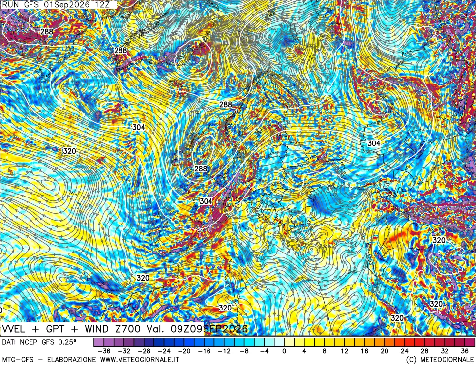 mappa 700 hPa Velocità verticiali + GPT + Vento