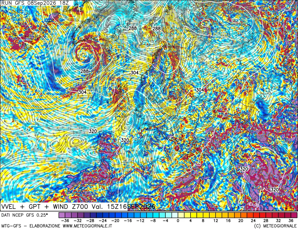 mappa 700 hPa Velocità verticiali + GPT + Vento