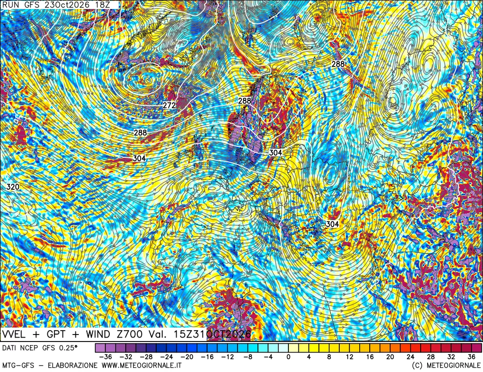 mappa 700 hPa Velocità verticiali + GPT + Vento