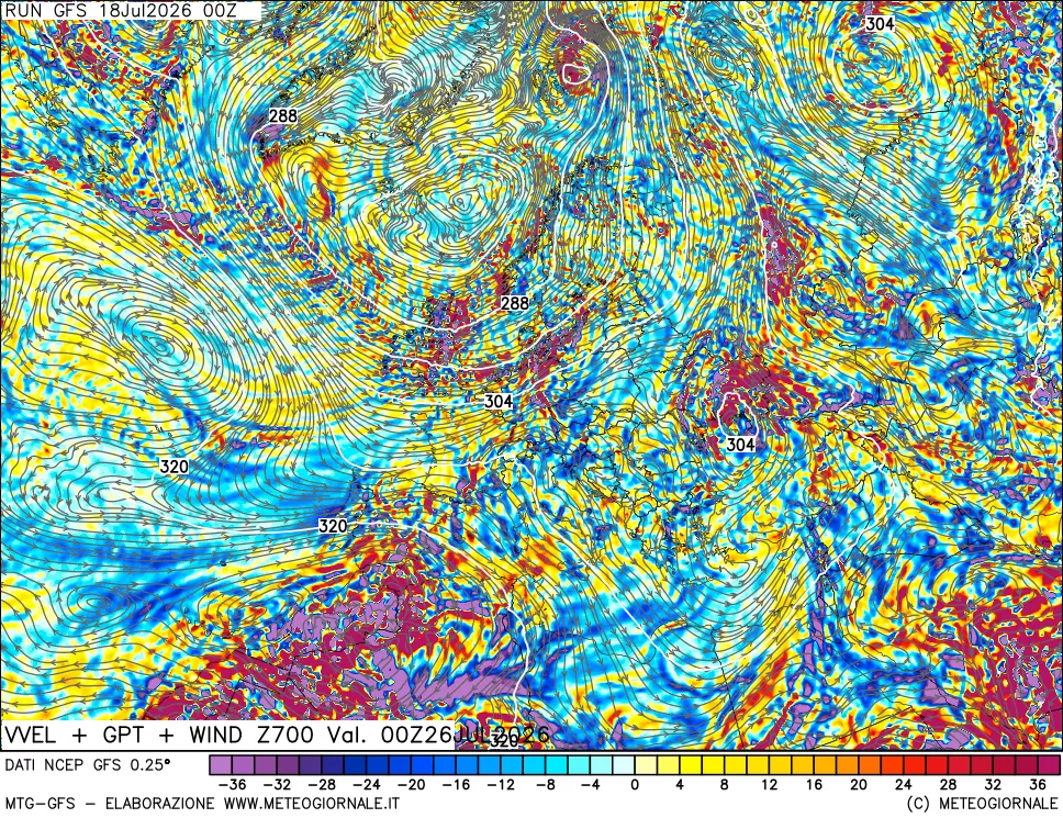 mappa 700 hPa Velocità verticiali + GPT + Vento