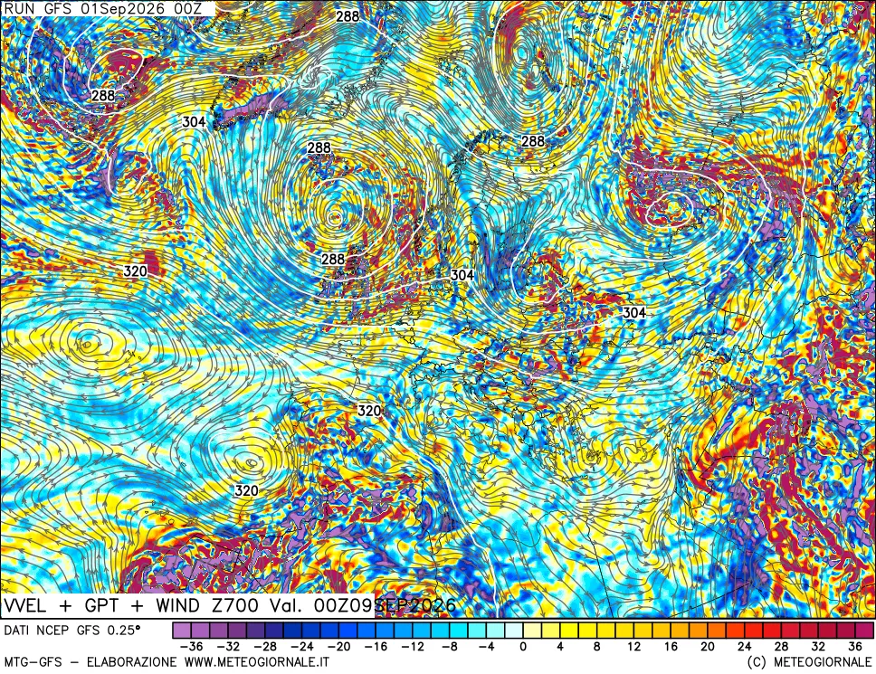 mappa 700 hPa Velocità verticiali + GPT + Vento