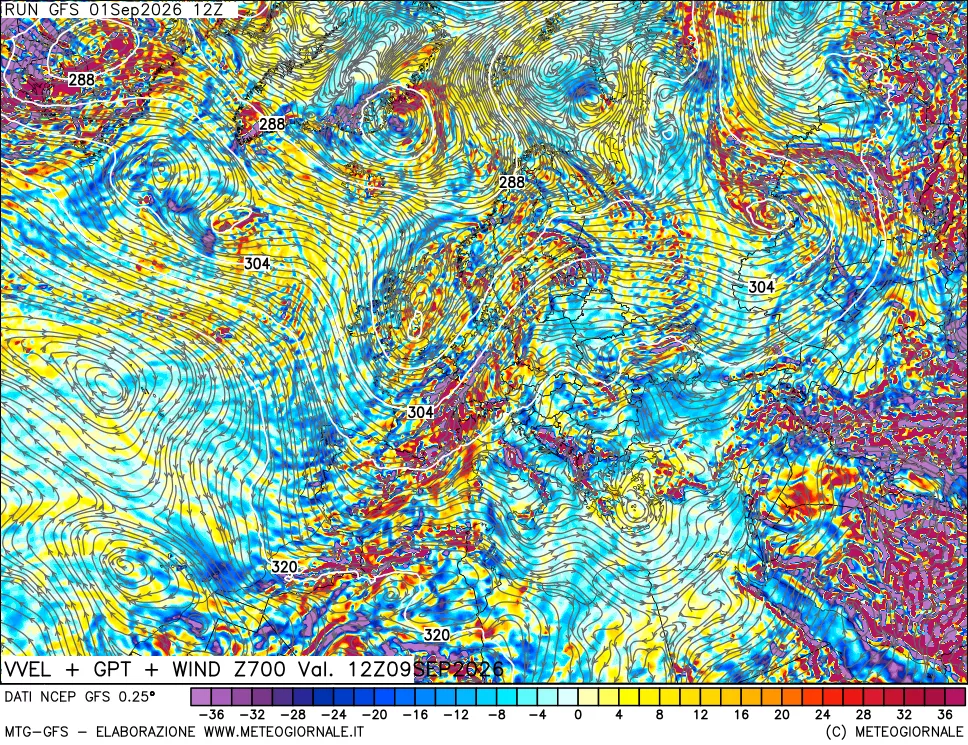 mappa 700 hPa Velocità verticiali + GPT + Vento