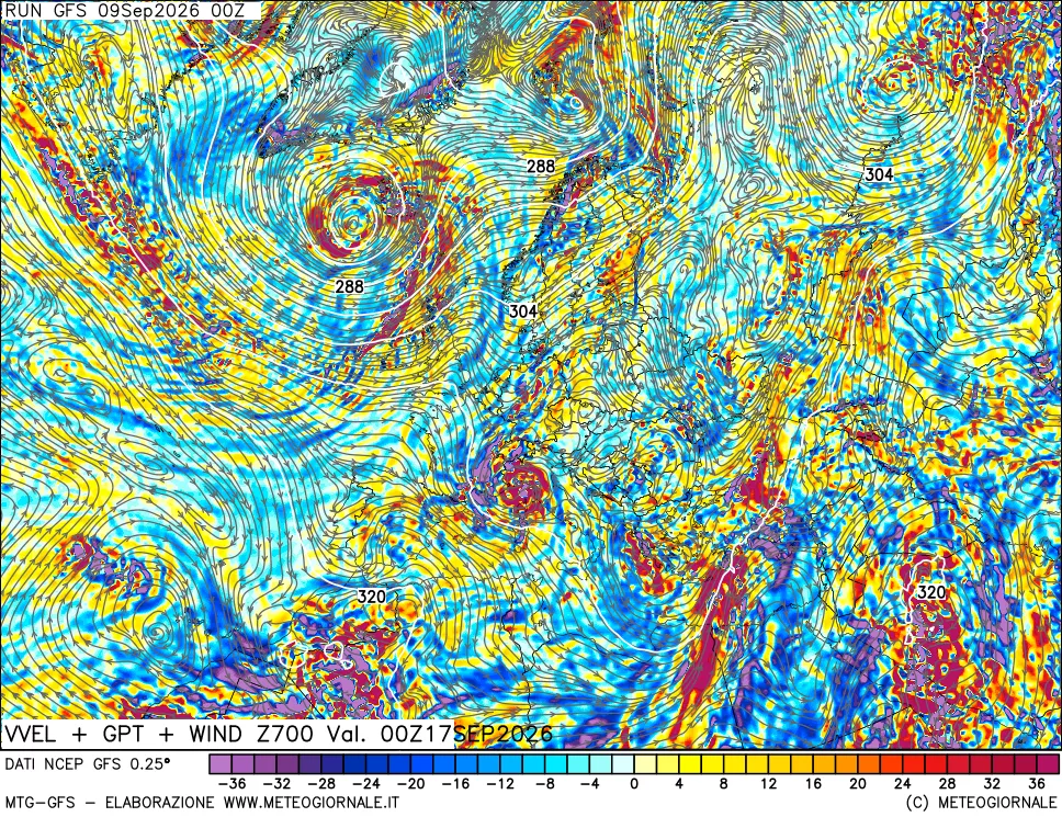 mappa 700 hPa Velocità verticiali + GPT + Vento