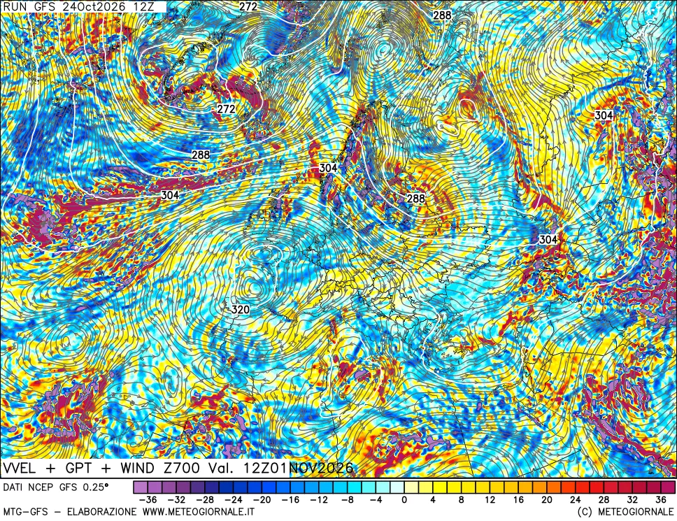 mappa 700 hPa Velocità verticiali + GPT + Vento