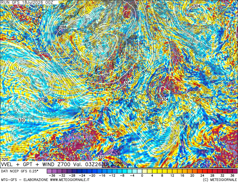 mappa 700 hPa Velocità verticiali + GPT + Vento