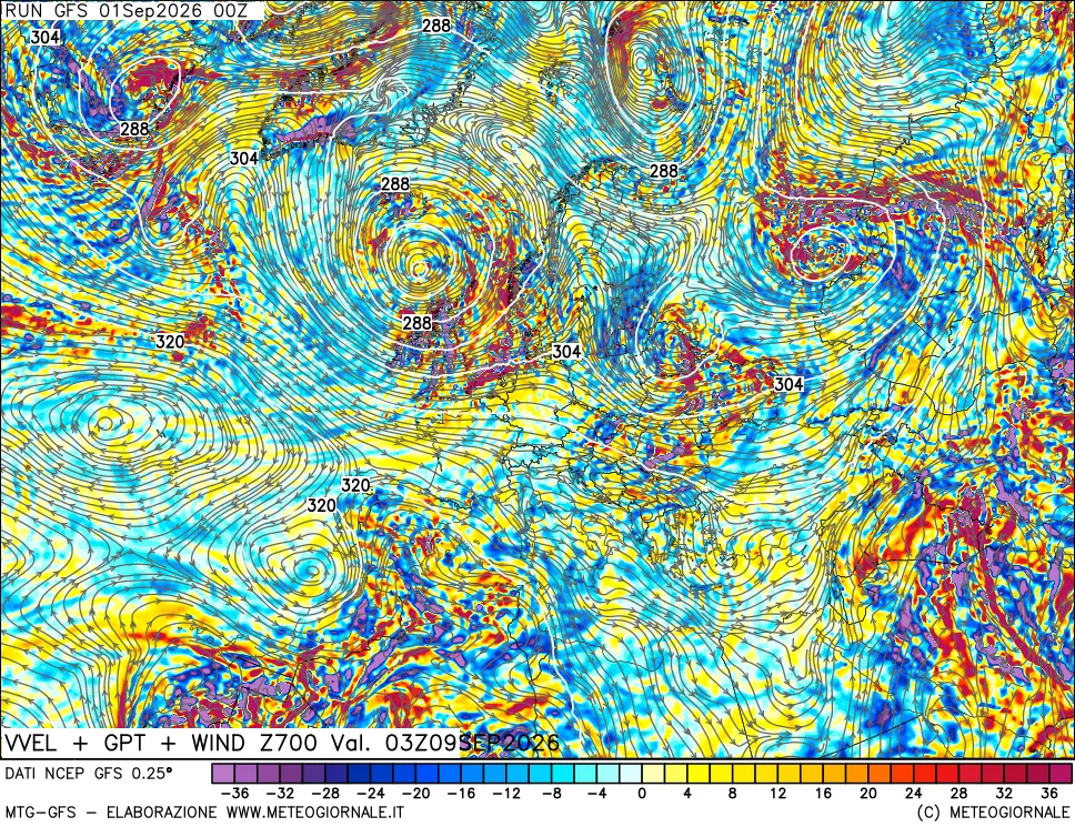 mappa 700 hPa Velocità verticiali + GPT + Vento
