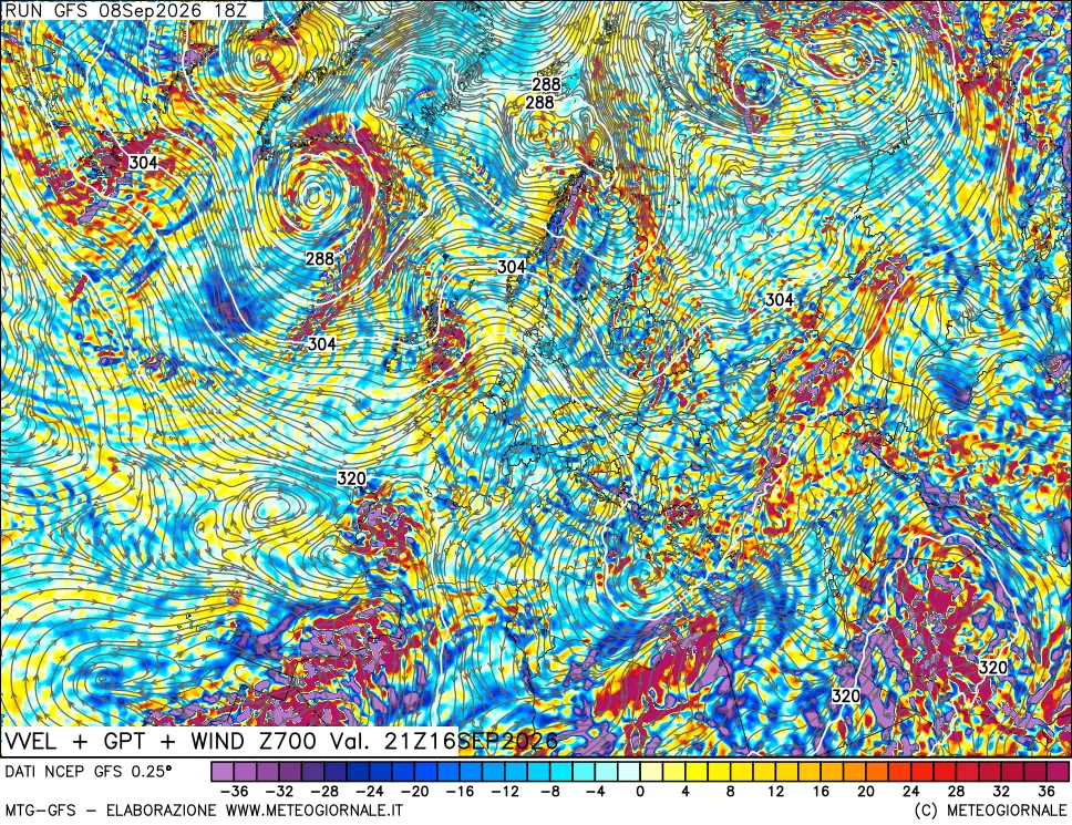 mappa 700 hPa Velocità verticiali + GPT + Vento
