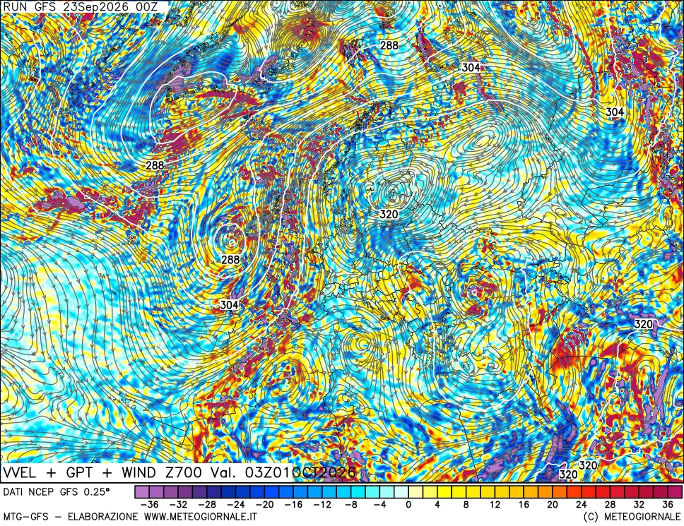 mappa 700 hPa Velocità verticiali + GPT + Vento