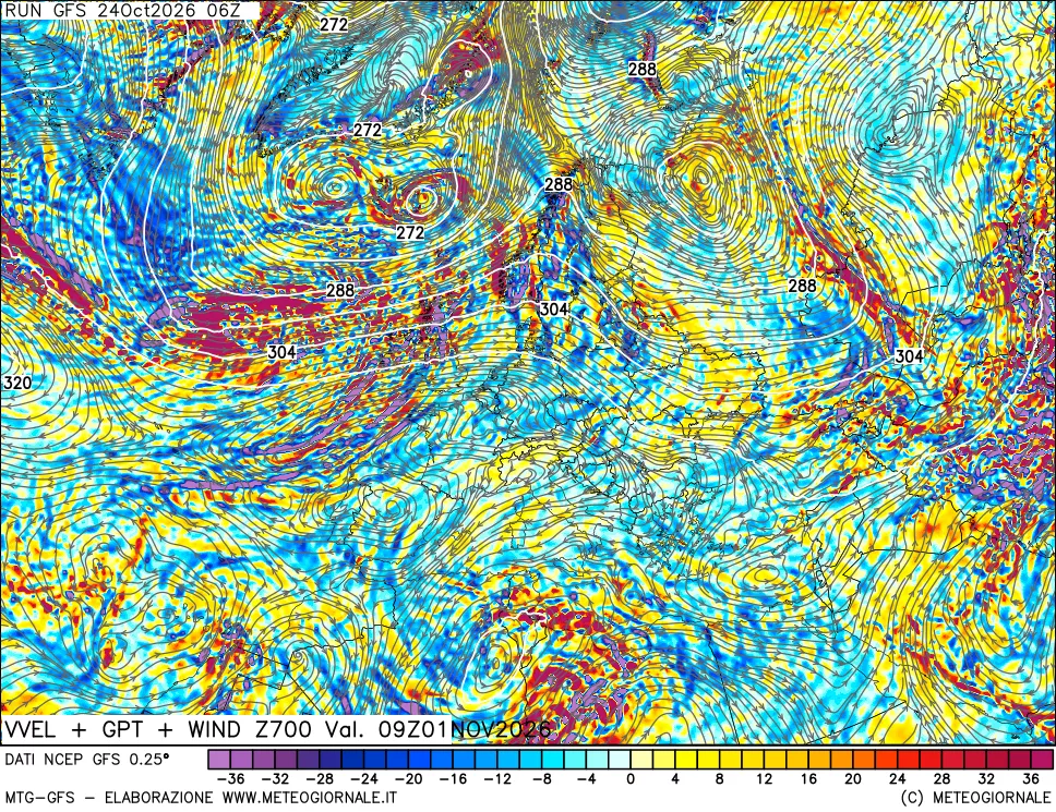 mappa 700 hPa Velocità verticiali + GPT + Vento