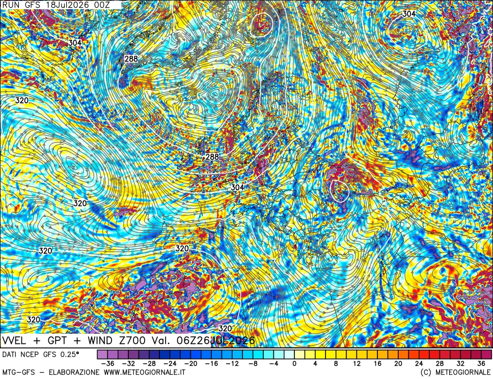 mappa 700 hPa Velocità verticiali + GPT + Vento