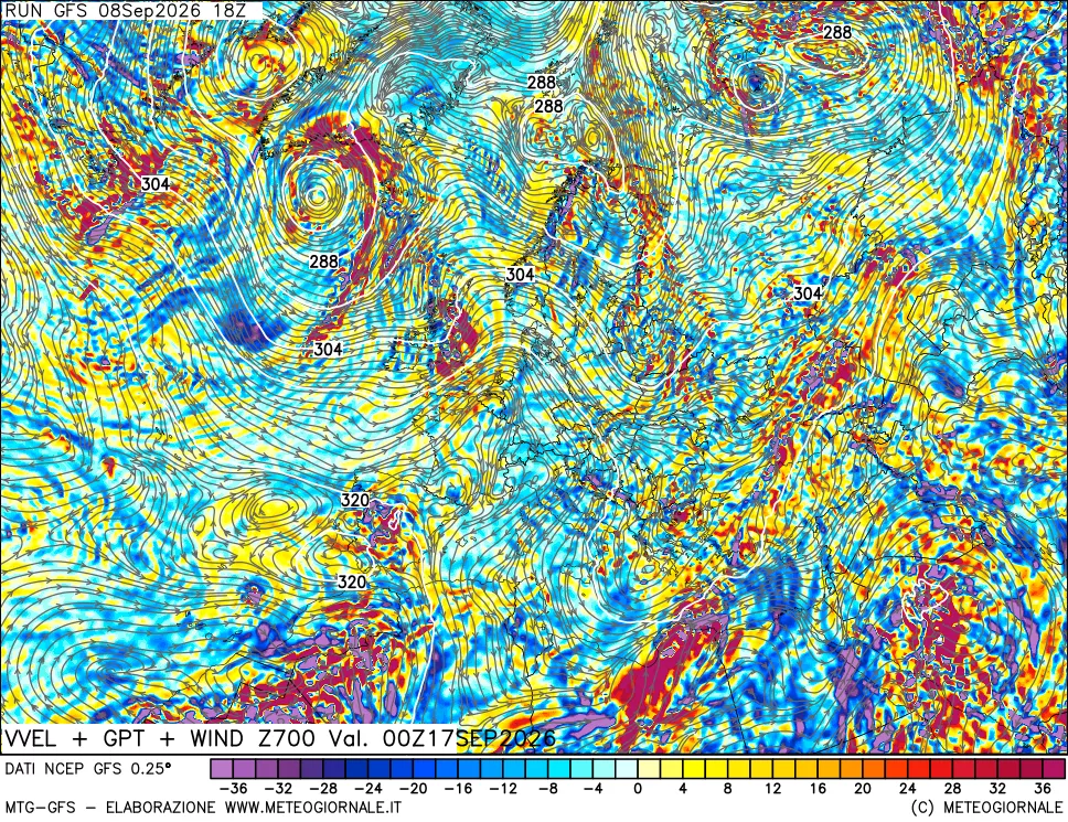 mappa 700 hPa Velocità verticiali + GPT + Vento