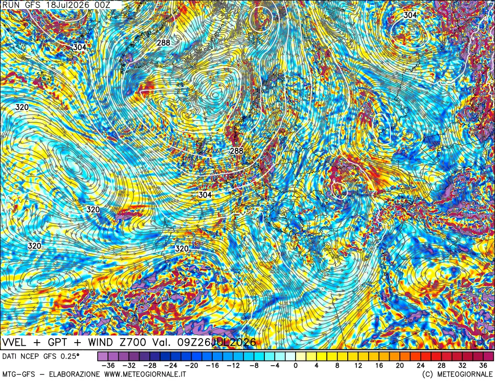 mappa 700 hPa Velocità verticiali + GPT + Vento