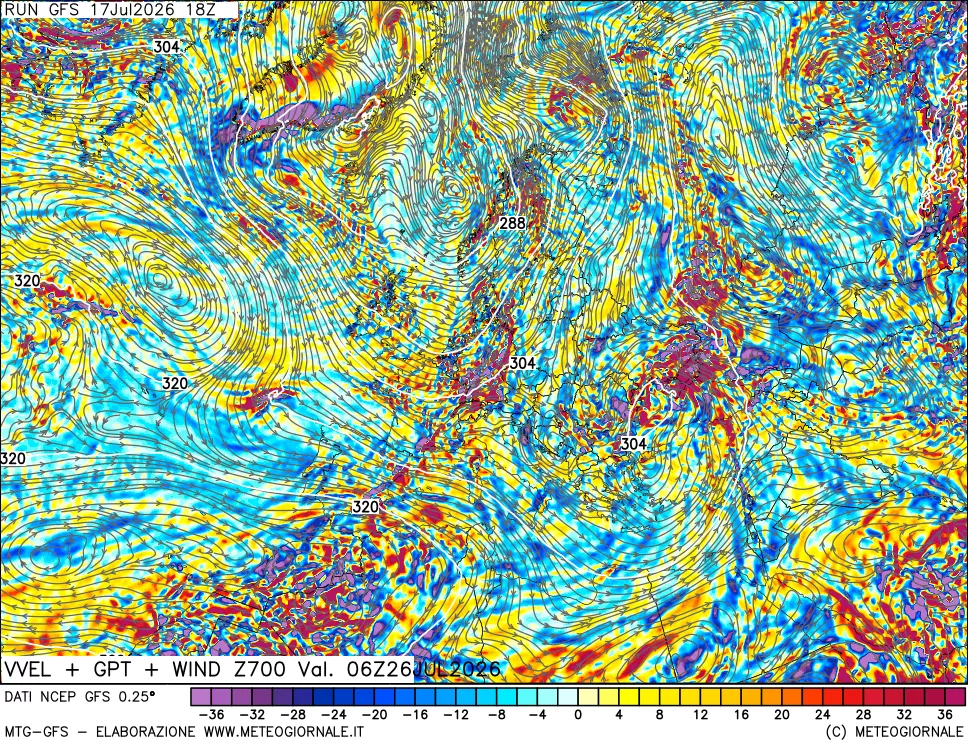 mappa 700 hPa Velocità verticiali + GPT + Vento