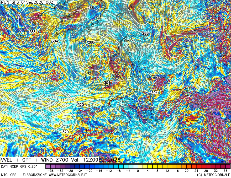 mappa 700 hPa Velocità verticiali + GPT + Vento