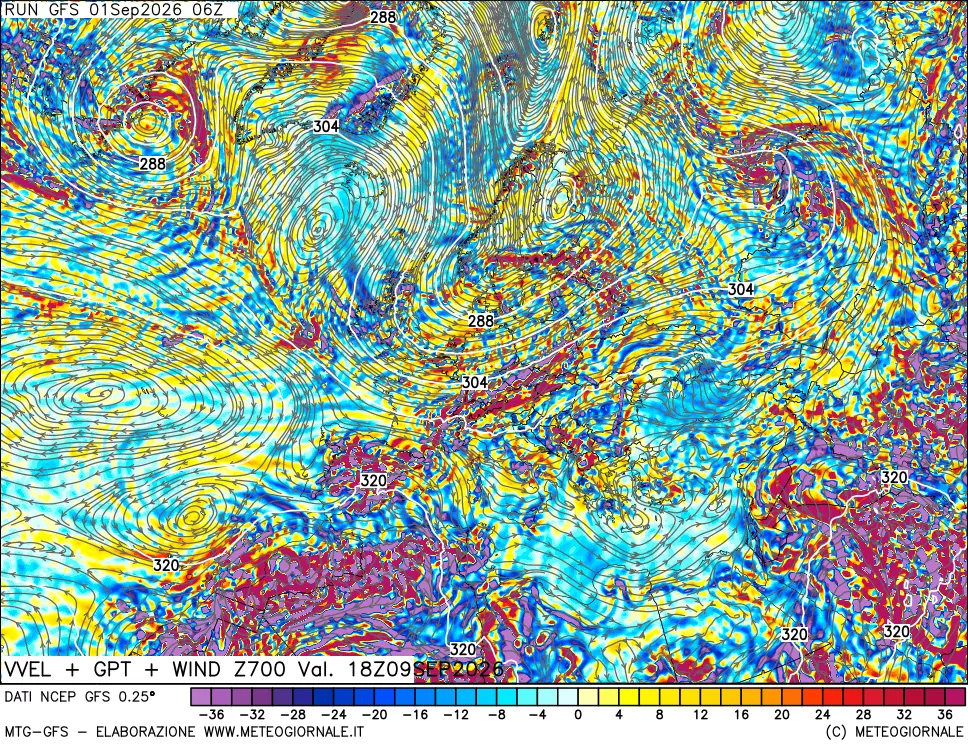 mappa 700 hPa Velocità verticiali + GPT + Vento