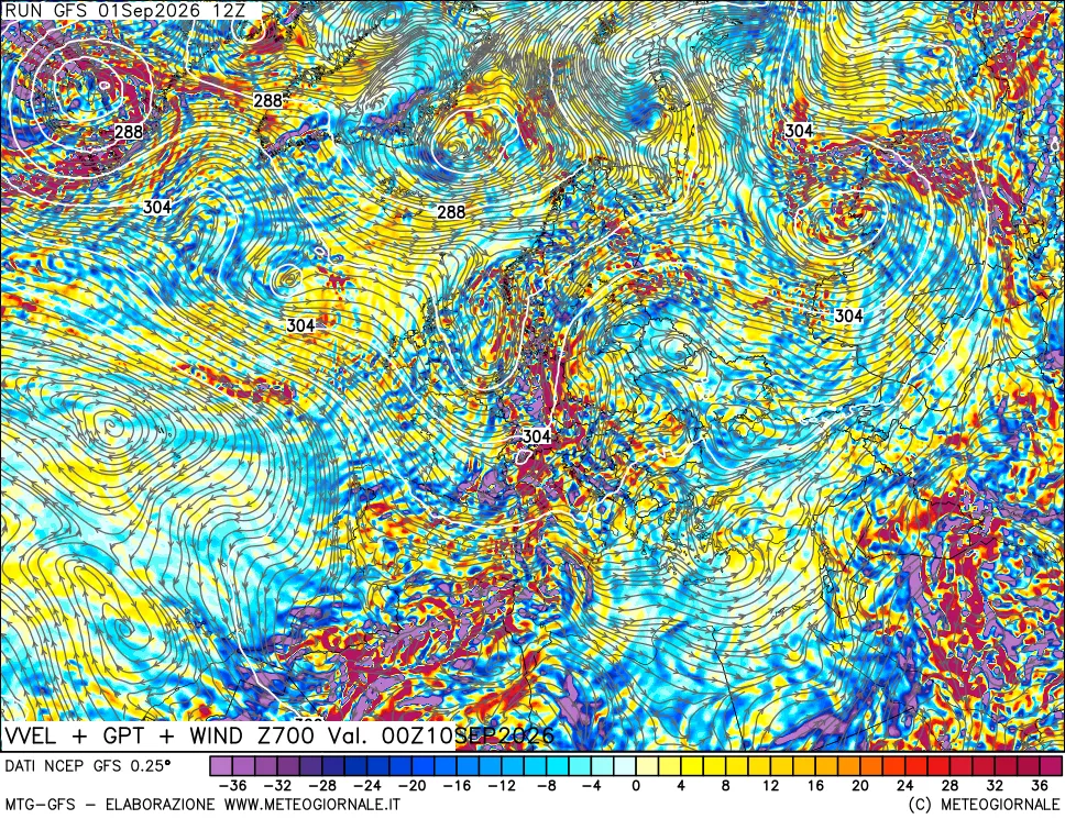 mappa 700 hPa Velocità verticiali + GPT + Vento