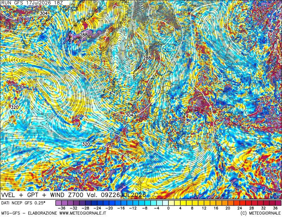 mappa 700 hPa Velocità verticiali + GPT + Vento