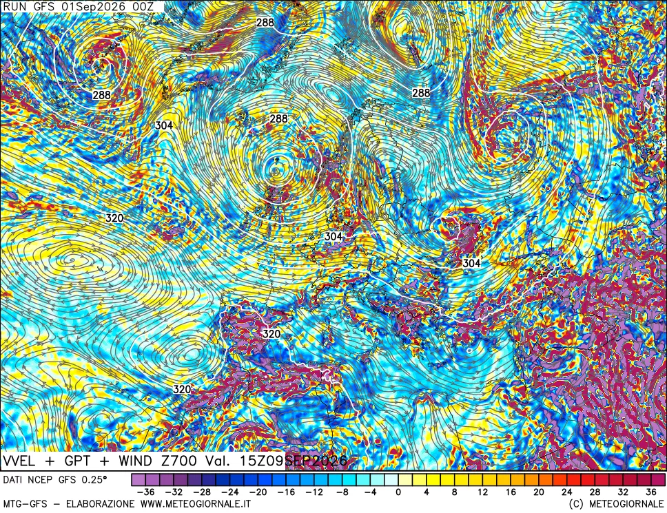 mappa 700 hPa Velocità verticiali + GPT + Vento