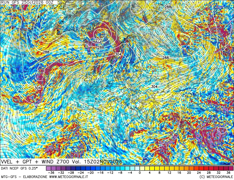 mappa 700 hPa Velocità verticiali + GPT + Vento