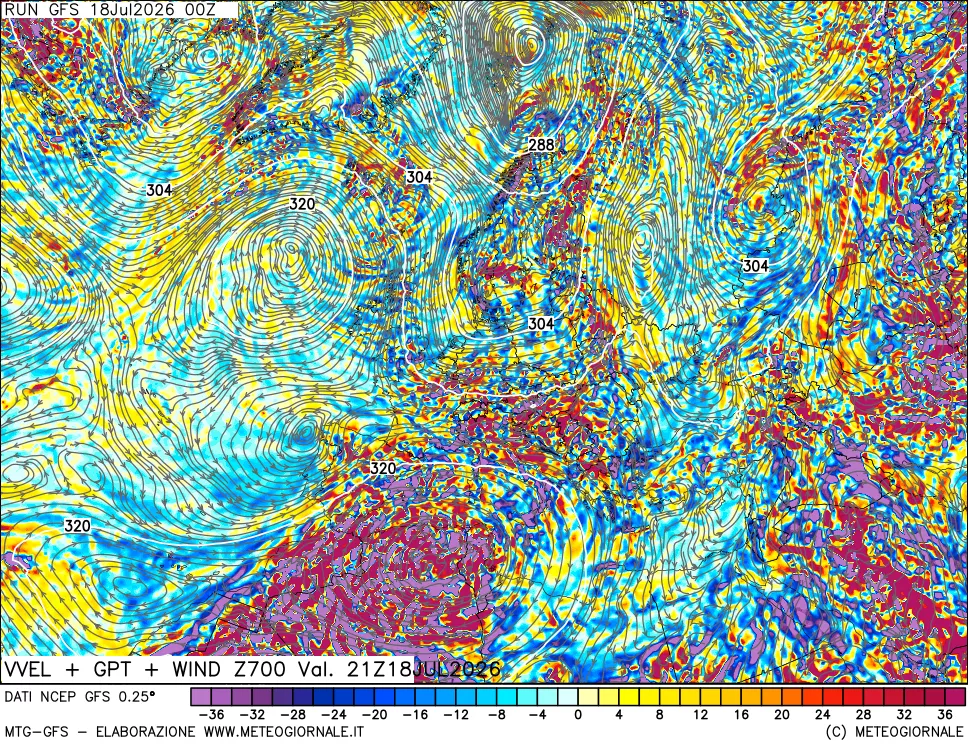 mappa 700 hPa Velocità verticiali + GPT + Vento