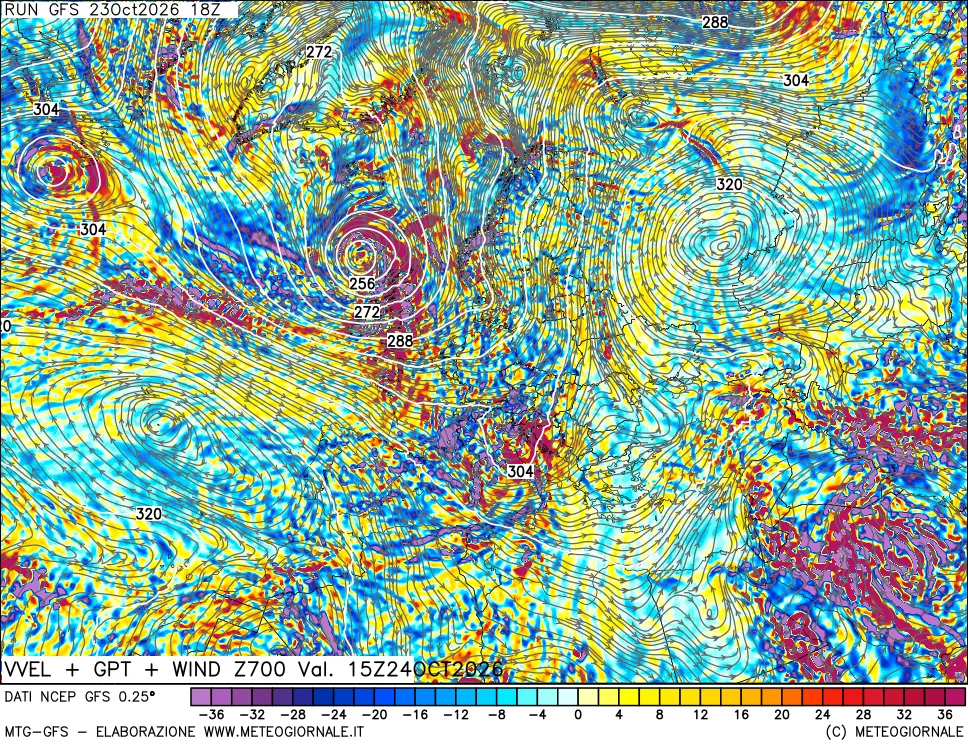 mappa 700 hPa Velocità verticiali + GPT + Vento