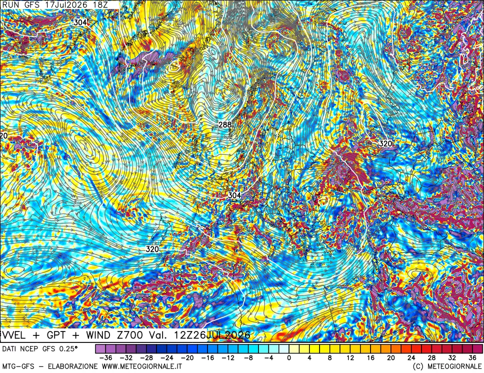 mappa 700 hPa Velocità verticiali + GPT + Vento