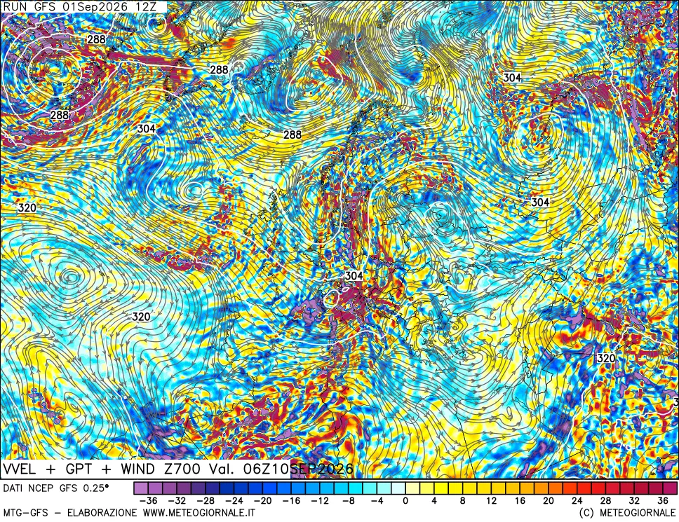 mappa 700 hPa Velocità verticiali + GPT + Vento