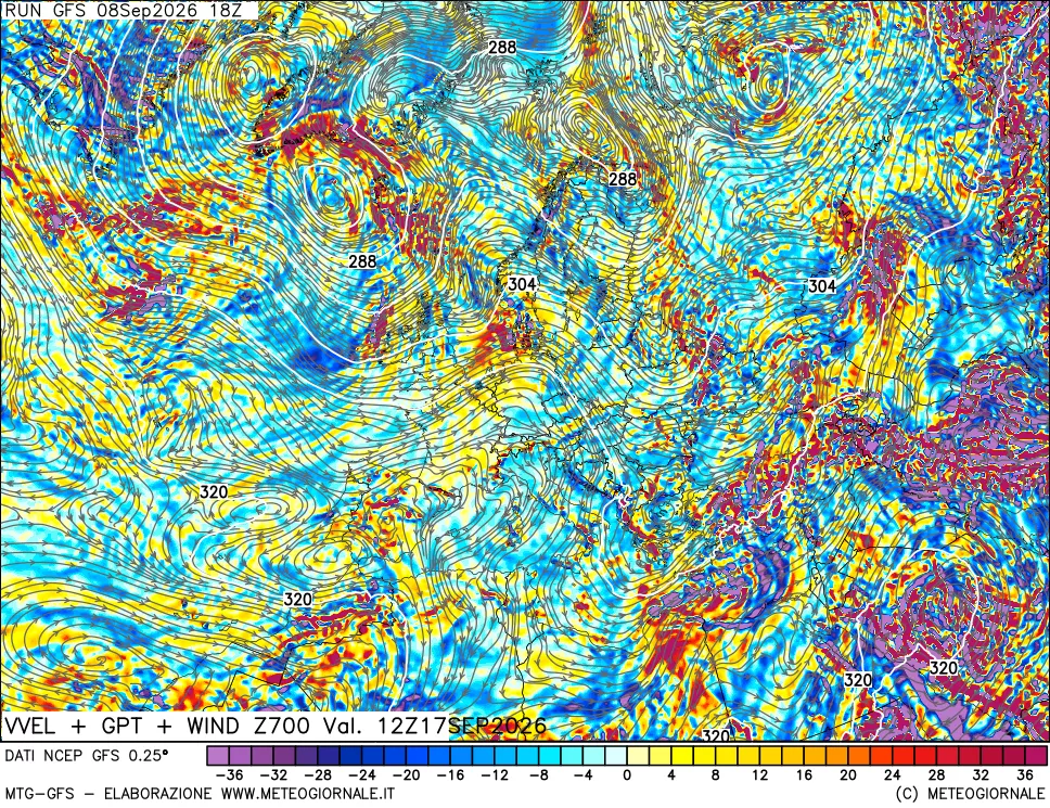 mappa 700 hPa Velocità verticiali + GPT + Vento