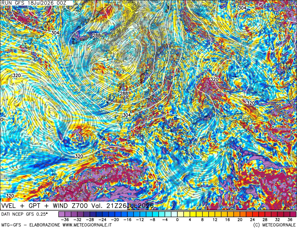 mappa 700 hPa Velocità verticiali + GPT + Vento