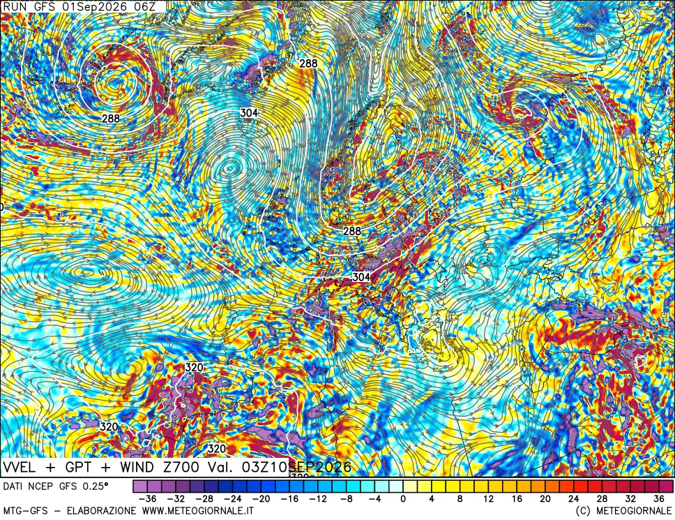 mappa 700 hPa Velocità verticiali + GPT + Vento